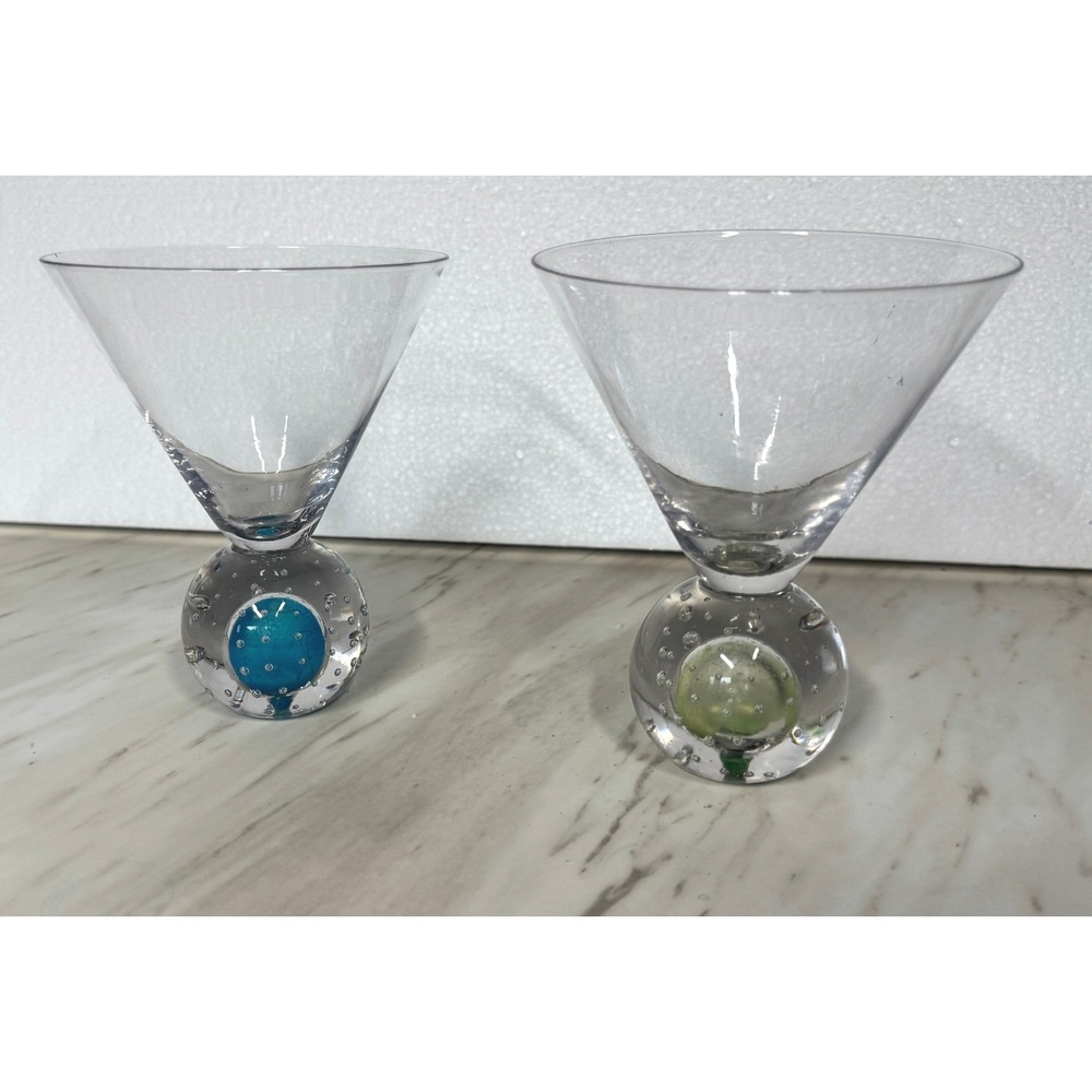 Hand Blown Martini Glasses Controlled Bubble Base Blue Green Set of 2, cocktails